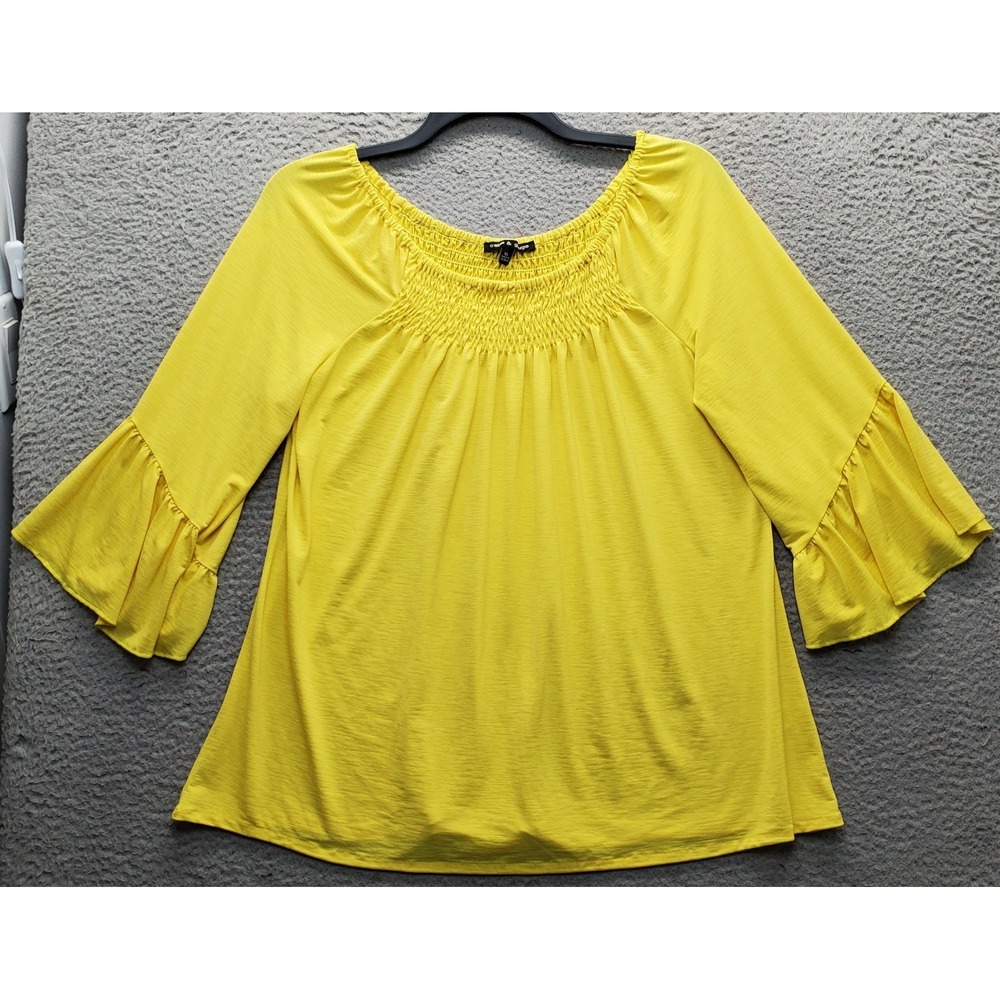 Cable & Gauge Blouse Womens XL Yellow Smocked Neck Bell Sleeve Stretch Pullover